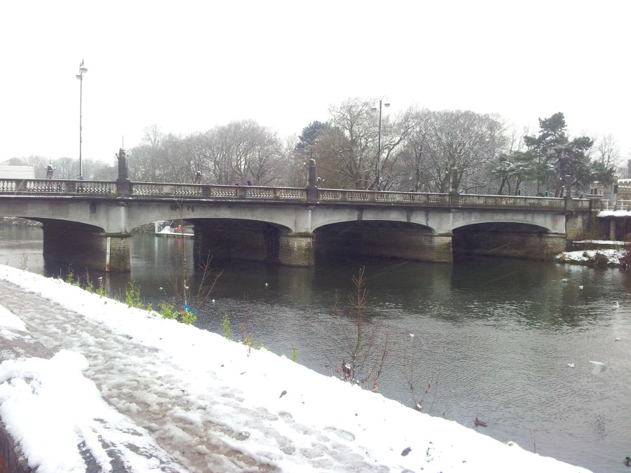 Snow on Cardiff street bridge.
